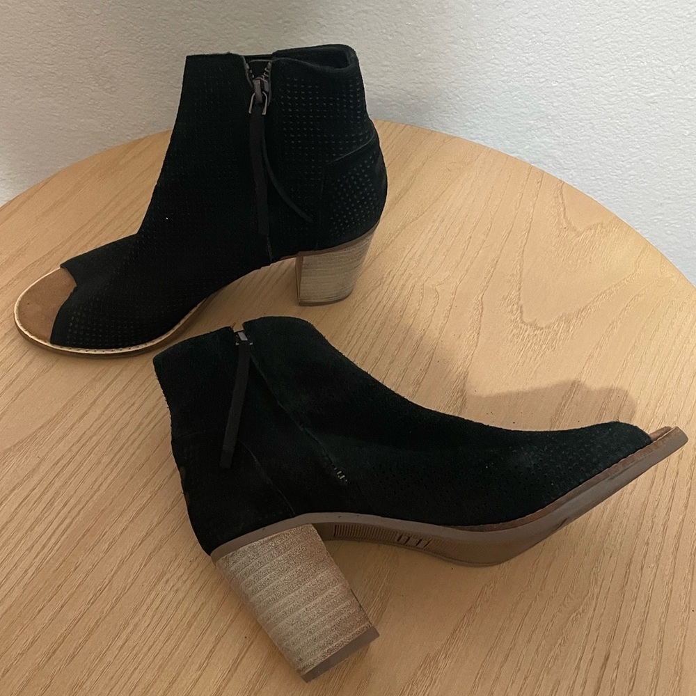Toms Black Suede Peep-Toe Ankle Booties